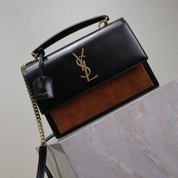 YSL Sunset Handbags 25CM Black Brown Cowhide Suede