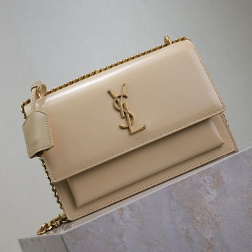 YSL Medium Sunset Shoulder Bag 22CM Beige Cowhide Ghw