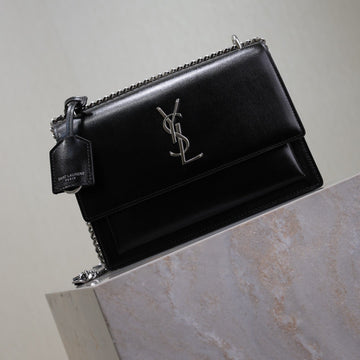 YSL Medium Sunset Shoulder Bag 22CM Black Cowhide Sliver Hw