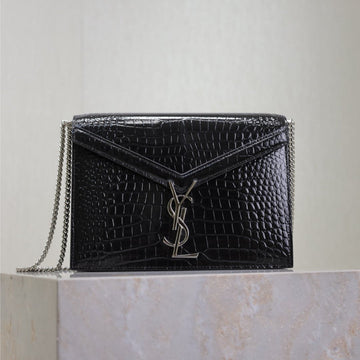 Cassandra Chain Bag 22 In Black Crocodile Pattern Calfskin Silver Hardware