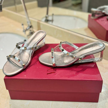 Rockstud Mule Sandals In Silver Calfskin And Transparent Pvc Film