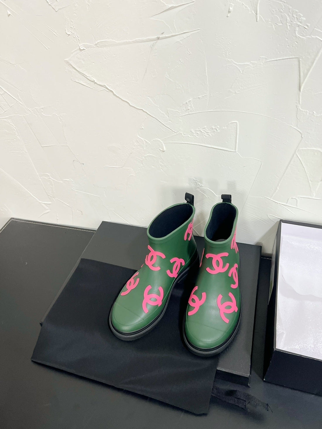 CC Rain Boots In Green With Pink Logo Natural Rubber 949790