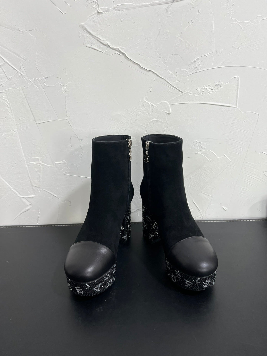 CC Short Boots 95MM In Black With Letters Printed Suede And Lambskin 949659