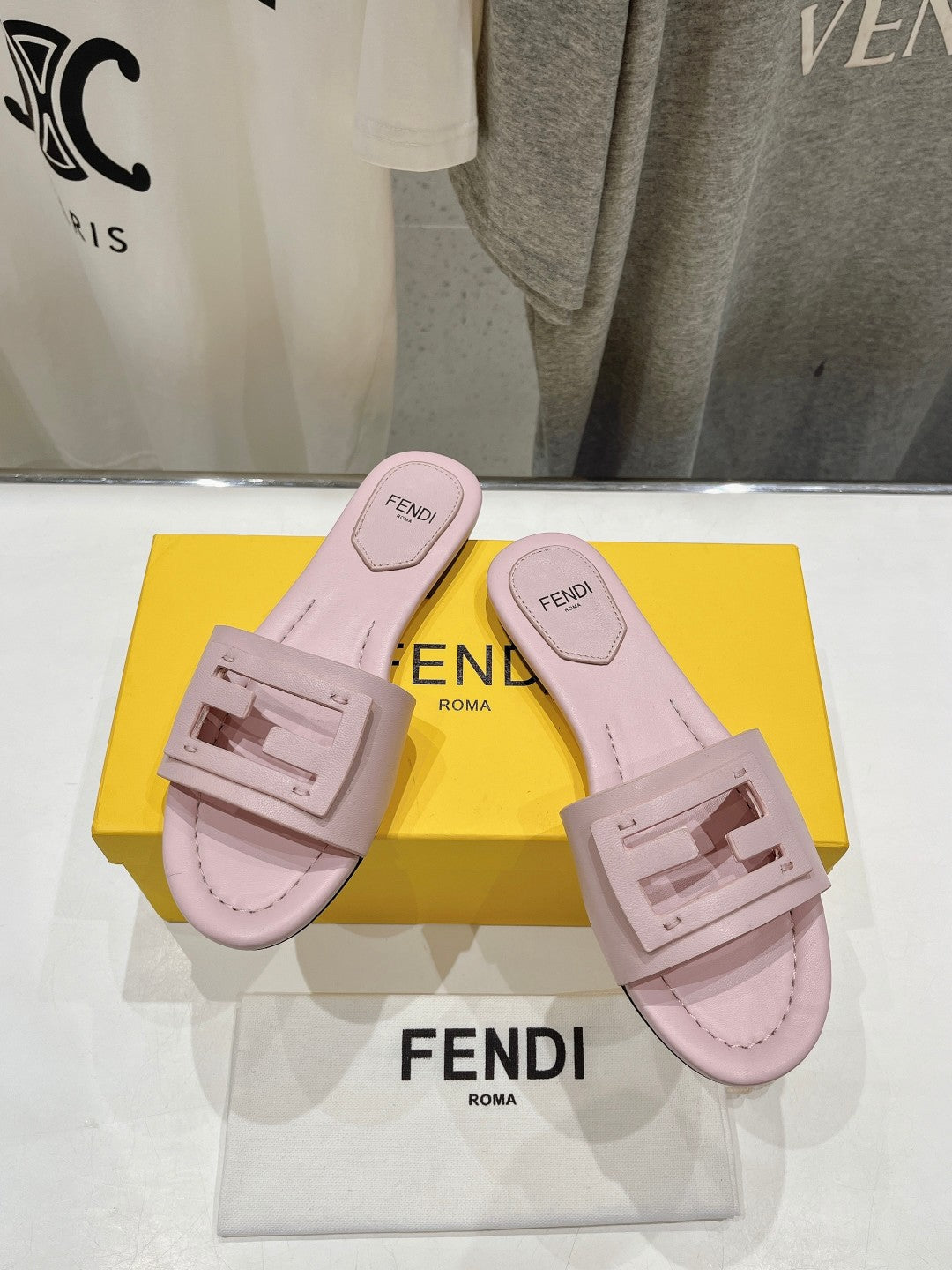 Fendi Baguette Slides In Light Pink Lambskin