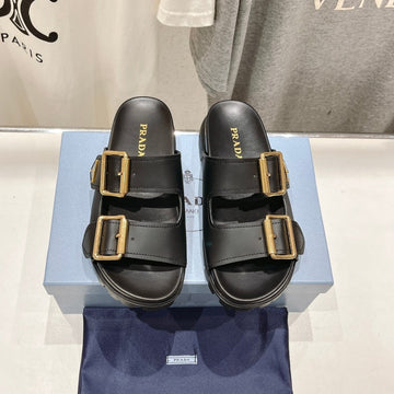 Pra Strap Slides Sandals Black Calfskin