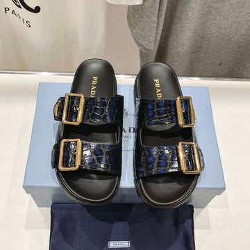 Pra Crocodile Motif Strap Slides Sandals Black And Lapis Calfskin