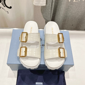 Pra Crocodile Motif Strap Slides Sandals White Calfskin