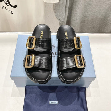 Pra Crocodile Motif Strap Slides Sandals Black Calfskin