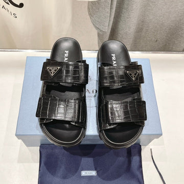 Pra Crocodile Leather Motif Sandals Black Calfskin