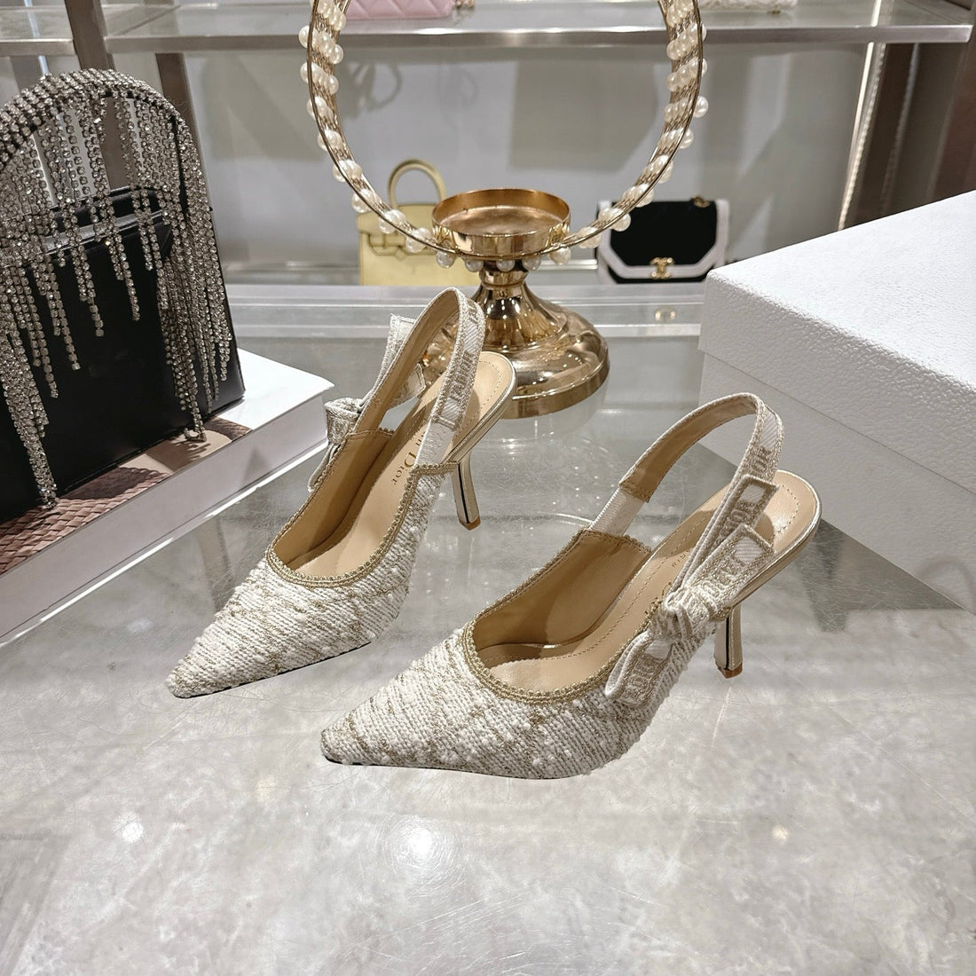 CD 26 Slingback 85MM Light Cream Gold Tweed 592230