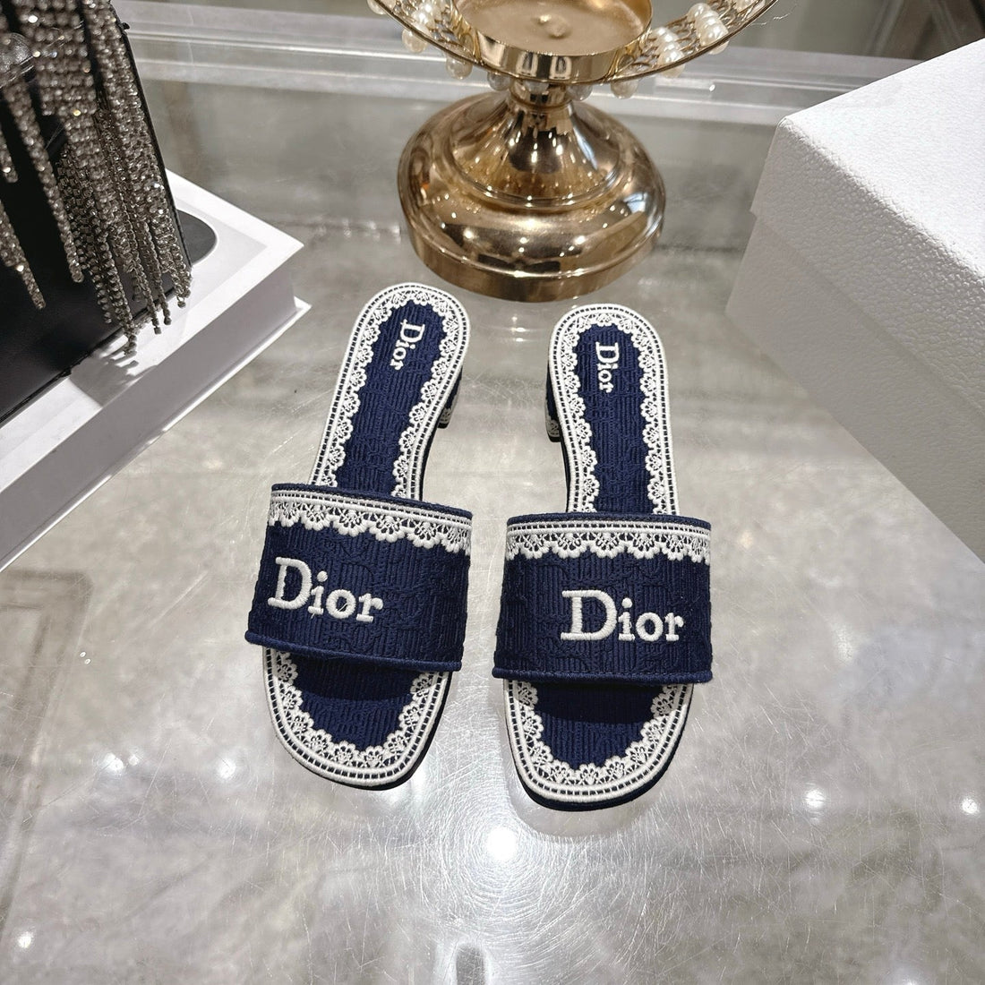 CD 26 Embroidered Sandals 45MM Dark Blue White Canvas 592238
