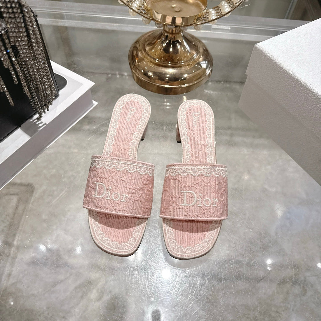 CD 26 Embroidered Sandals 45MM Pink White Canvas 592241