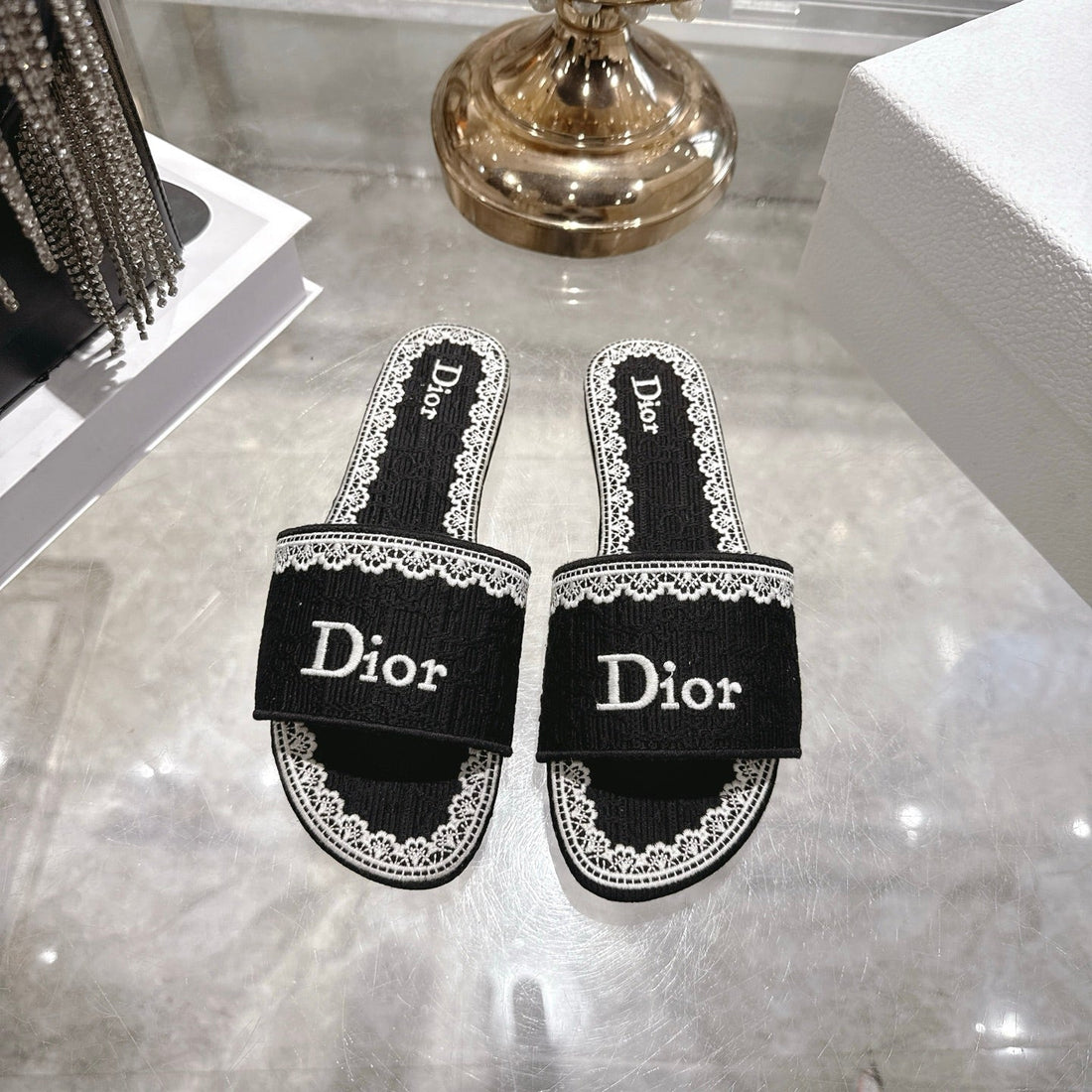 CC 26 Embroidered Sandals Black White Canvas 592246