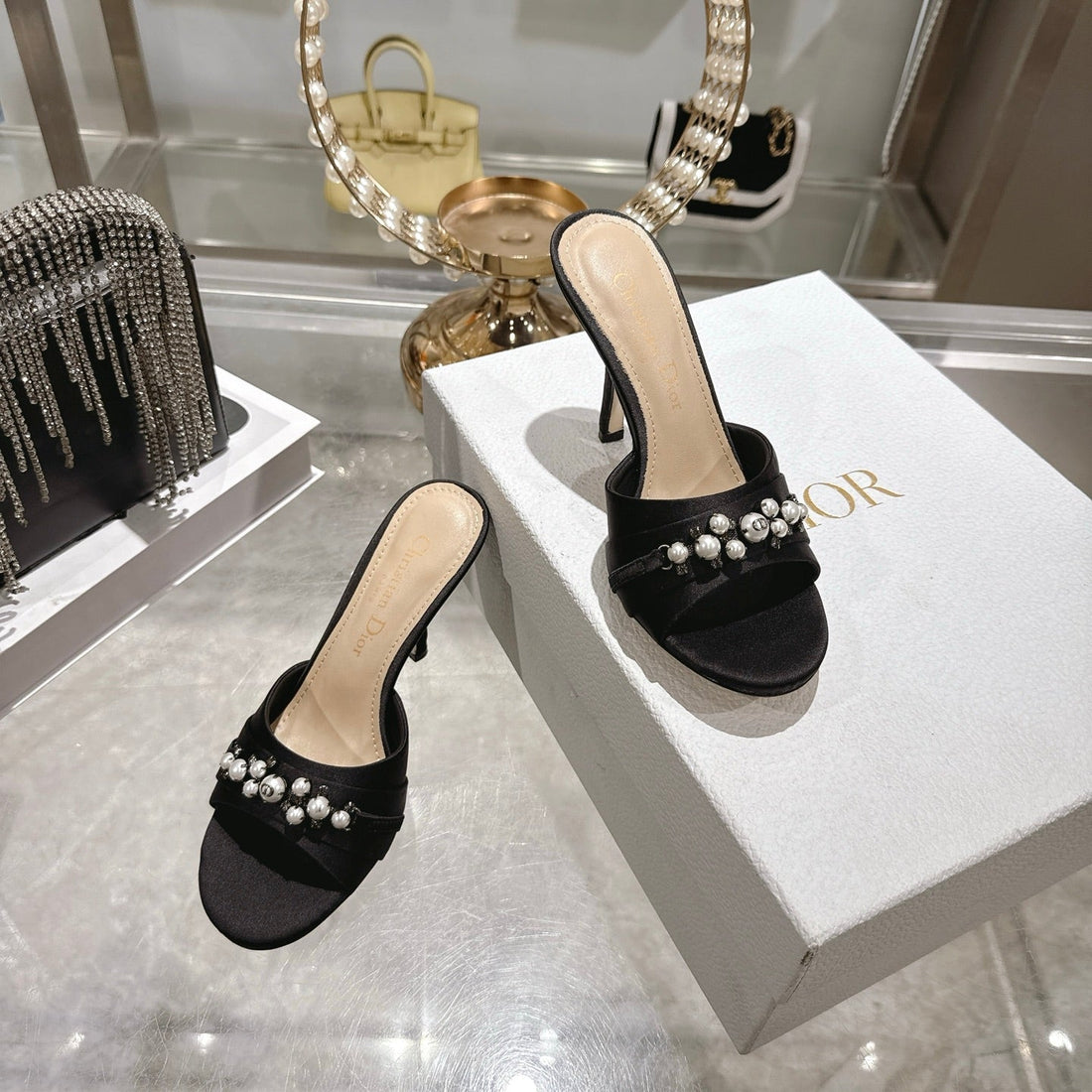CD 26 High-Heeled Mules 85MM Pearl Black Leather 592249