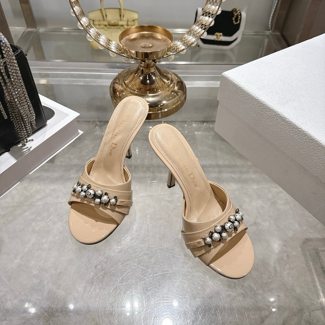 CC 26 High-Heeled Mules 85MM Pearl Beige Patent Leather 592250