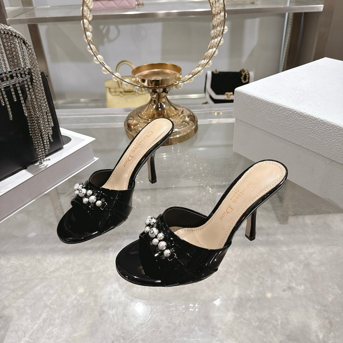 CD 26 High-Heeled Mules 85MM Pearl Black Patent Leather 592251