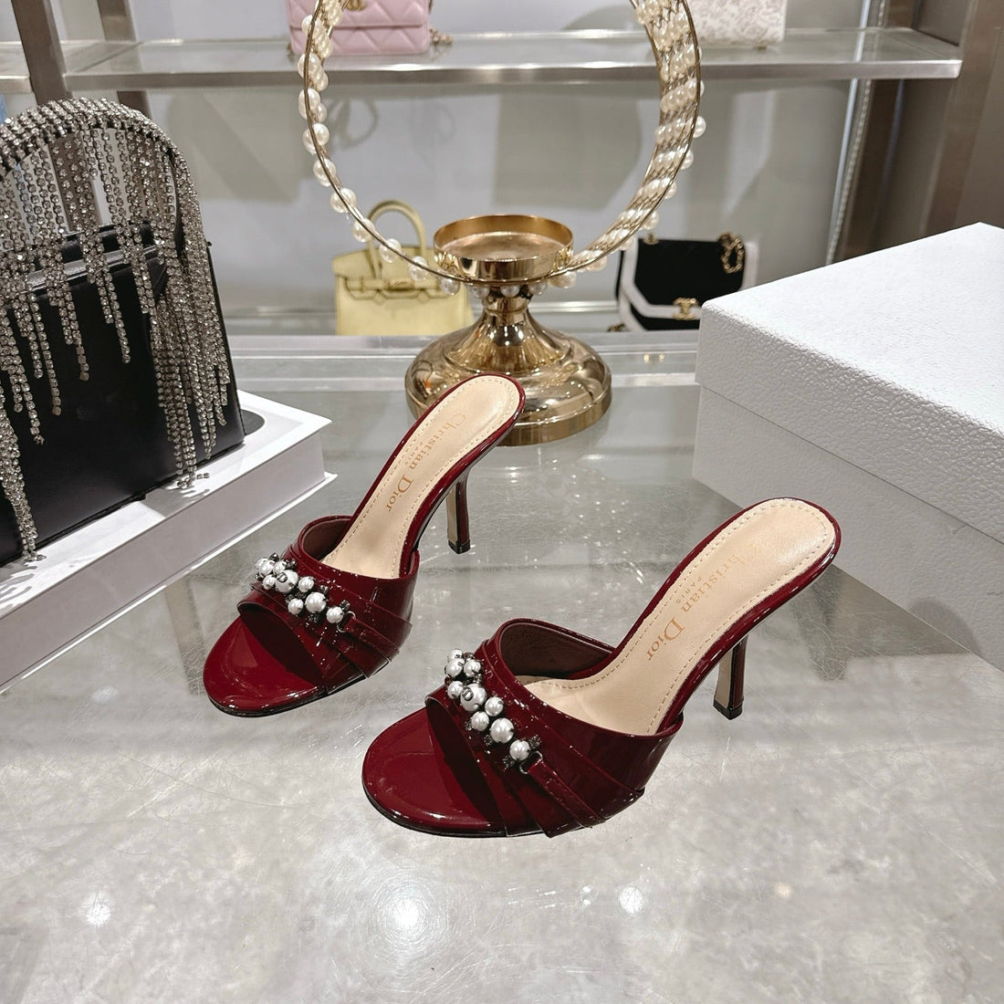 CD 26 High-Heeled Mules 85MM Pearl Dark Red Patent Leather 592253
