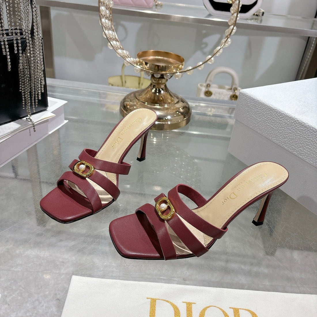 CD 26 High-Heeled Sandals 75MM Dark Red Leather 592254