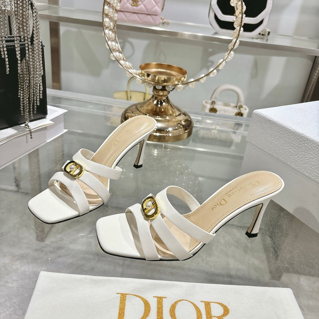 CD 26 High-Heeled Sandals 75MM White Beige Leather 592256