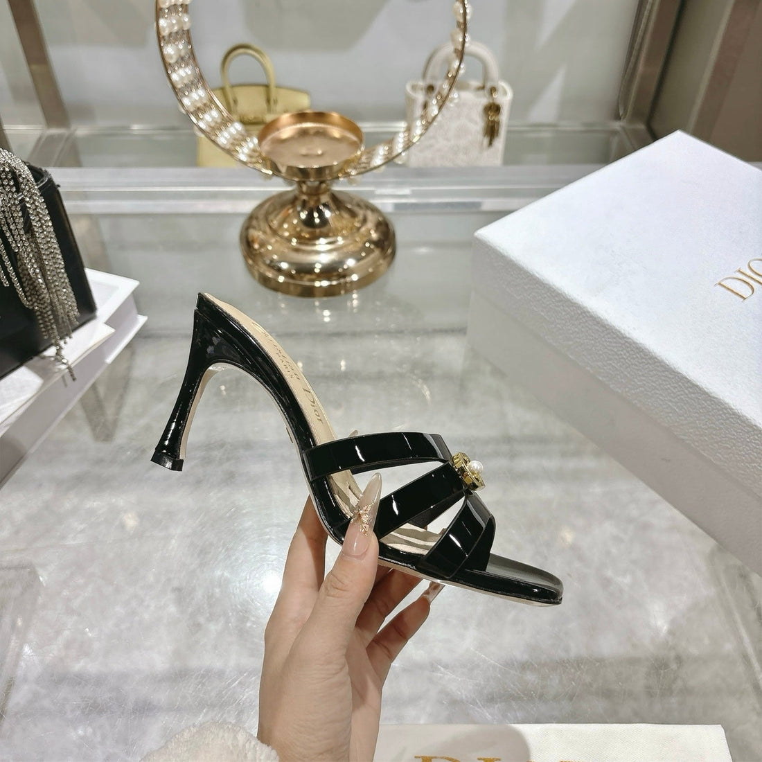 CD 26 High-Heeled Sandals 75MM Black Patent Leather 592258
