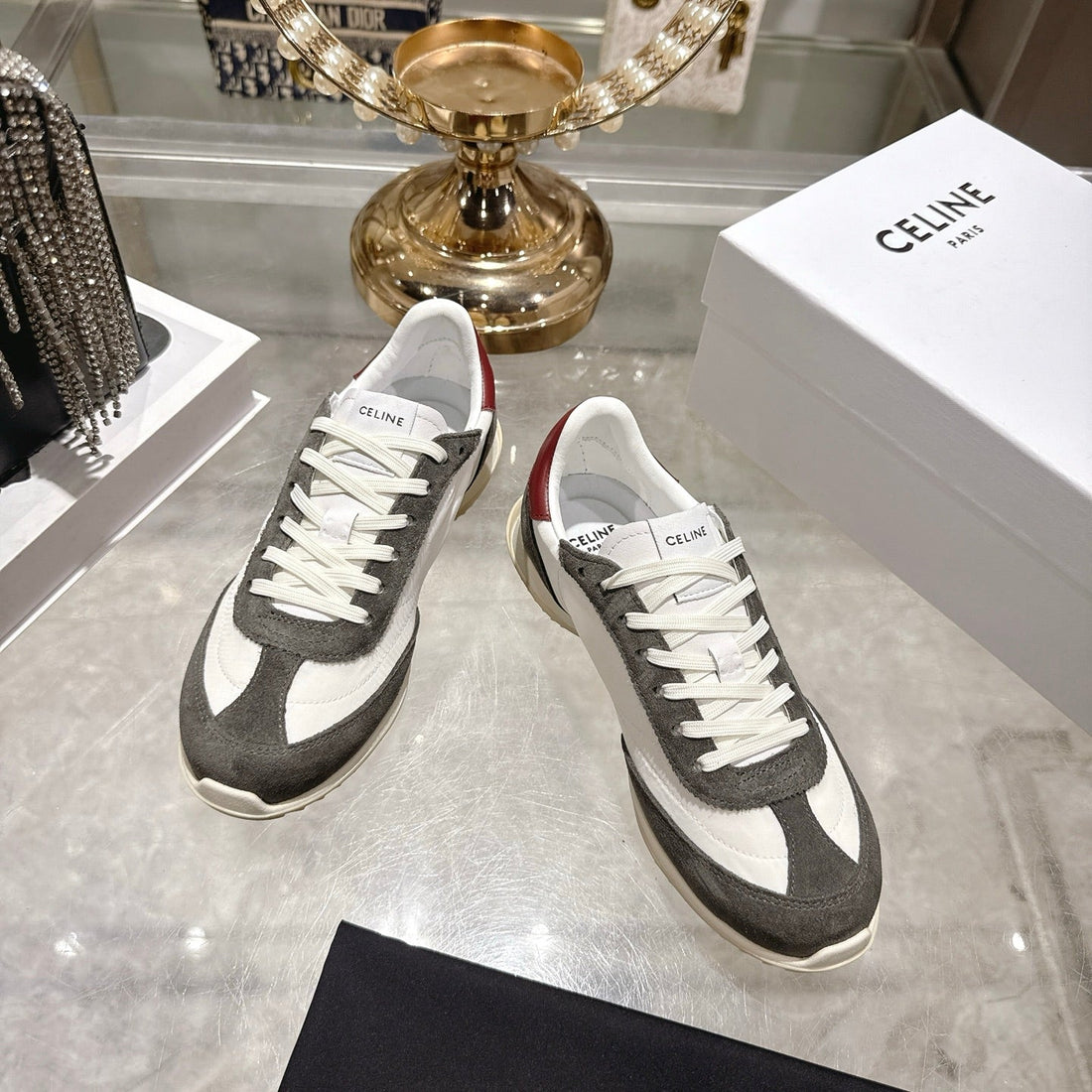 Celine Racer Sneaker Taupe White Suede Fabric 679822