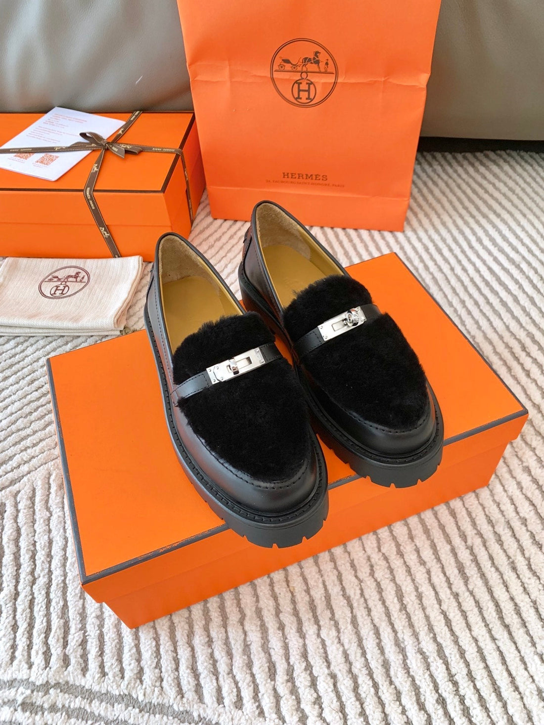 Hm Icone Loafer Black Nappa Goat Leather And Rabbit Fur 963171