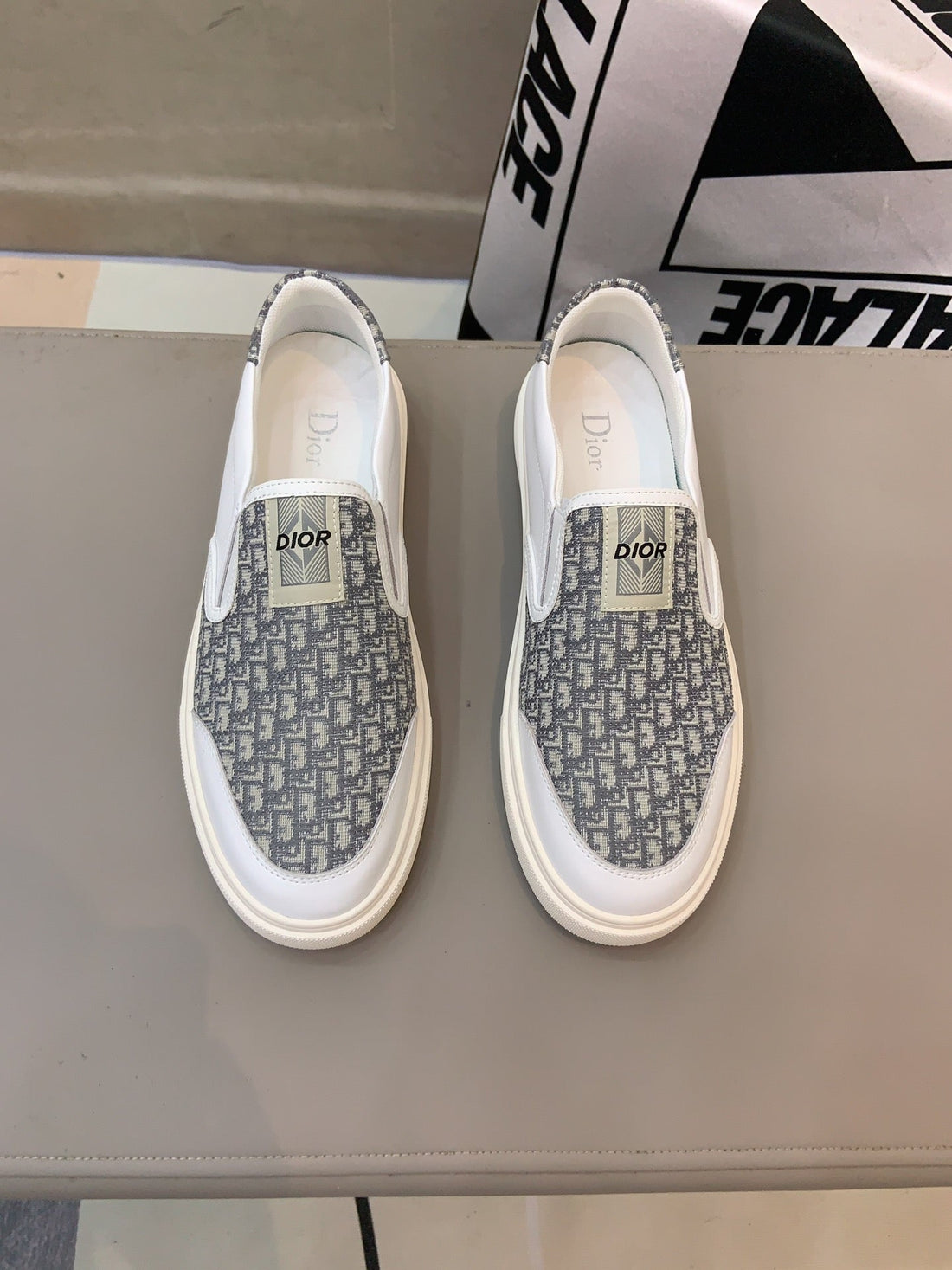 CD B23 Slip On White Calfskin And Beige Fabric