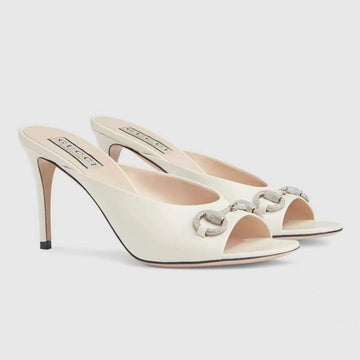 GG Women's Horsebit Mid-Heel Slide Sandal In White