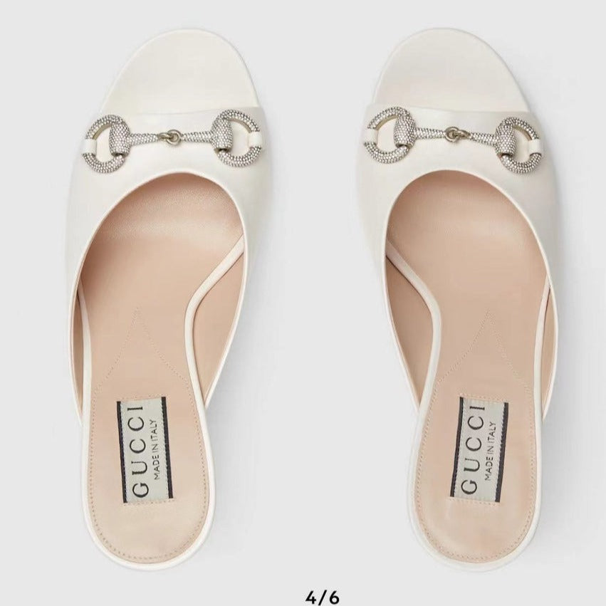 GG Women's Horsebit Mid-Heel Slide Sandal In White