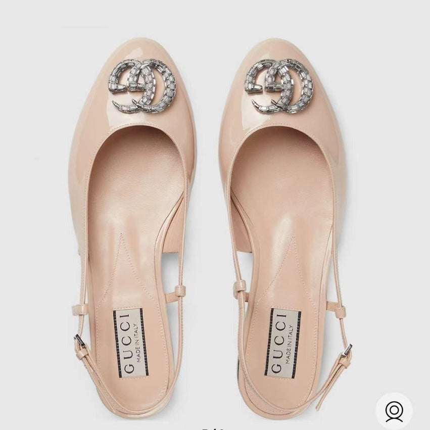 GG Double G Patent Leather Slingback Ballet Flats Glossy Cream Nude