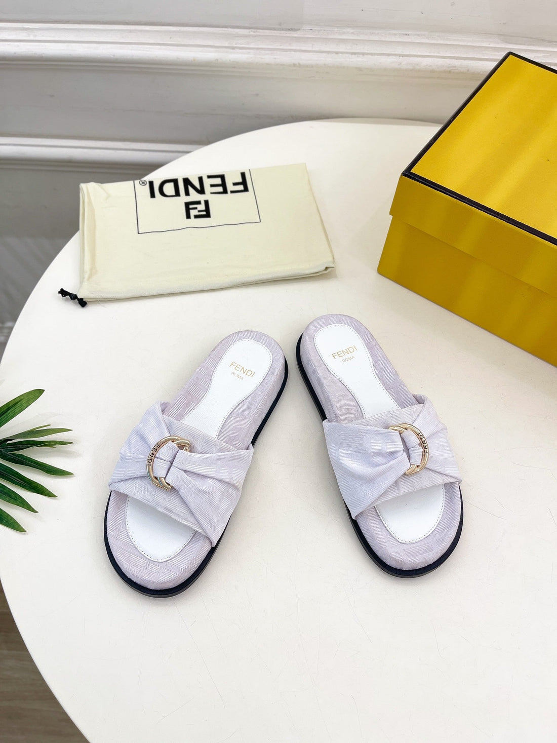 Fendi Flat Slipper In White Jacquard Fabric With Gold Hardware