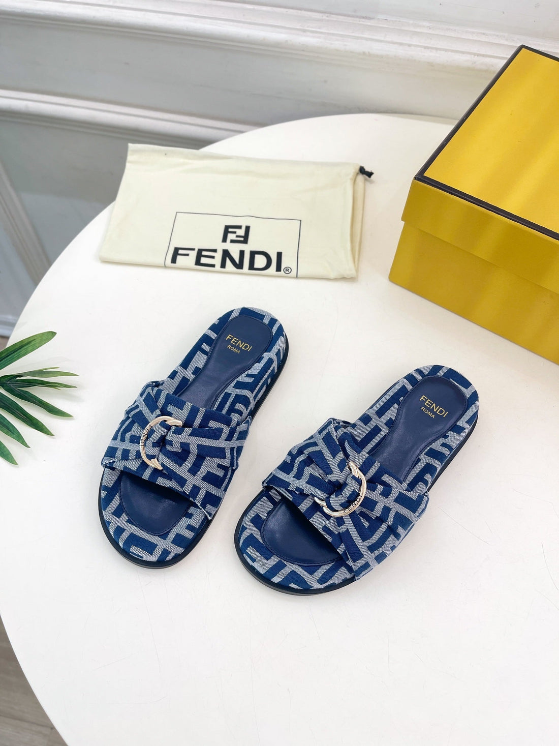 Fendi Flat Slipper In Navy Blue Monogram Jacquard Fabric With Gold Hardware