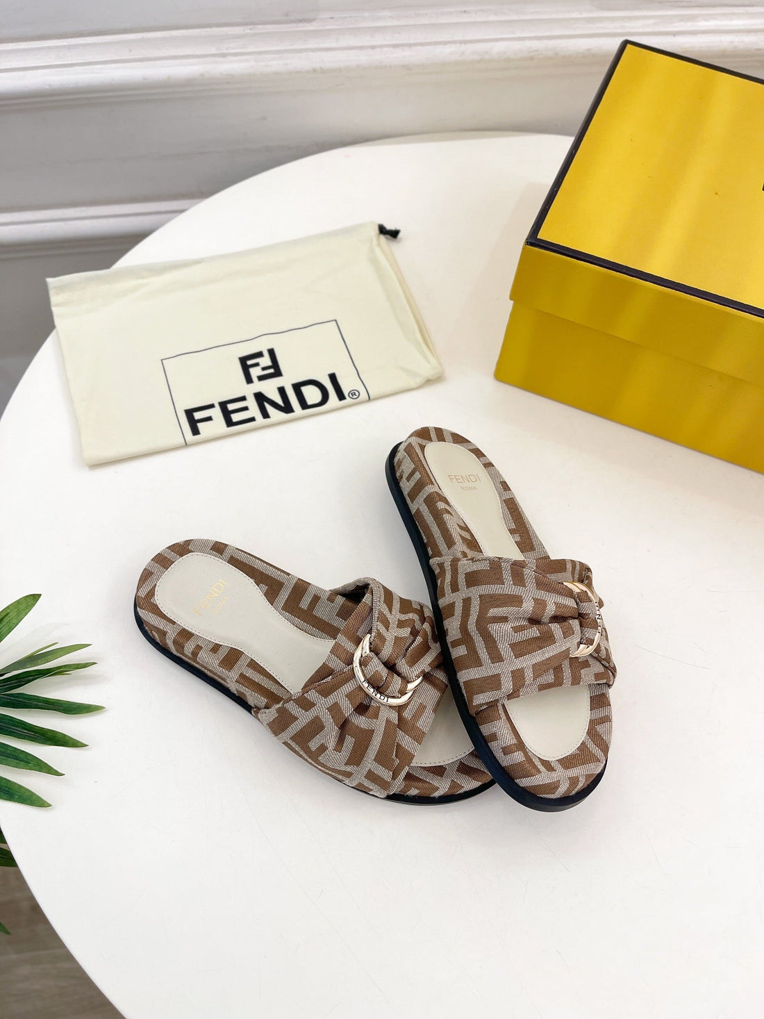 Fendi Flat Slipper In Brown Monogram Jacquard Fabric With Gold Hardware