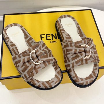 Fendi Flat Slipper In Brown Monogram Jacquard Fabric With Gold Hardware