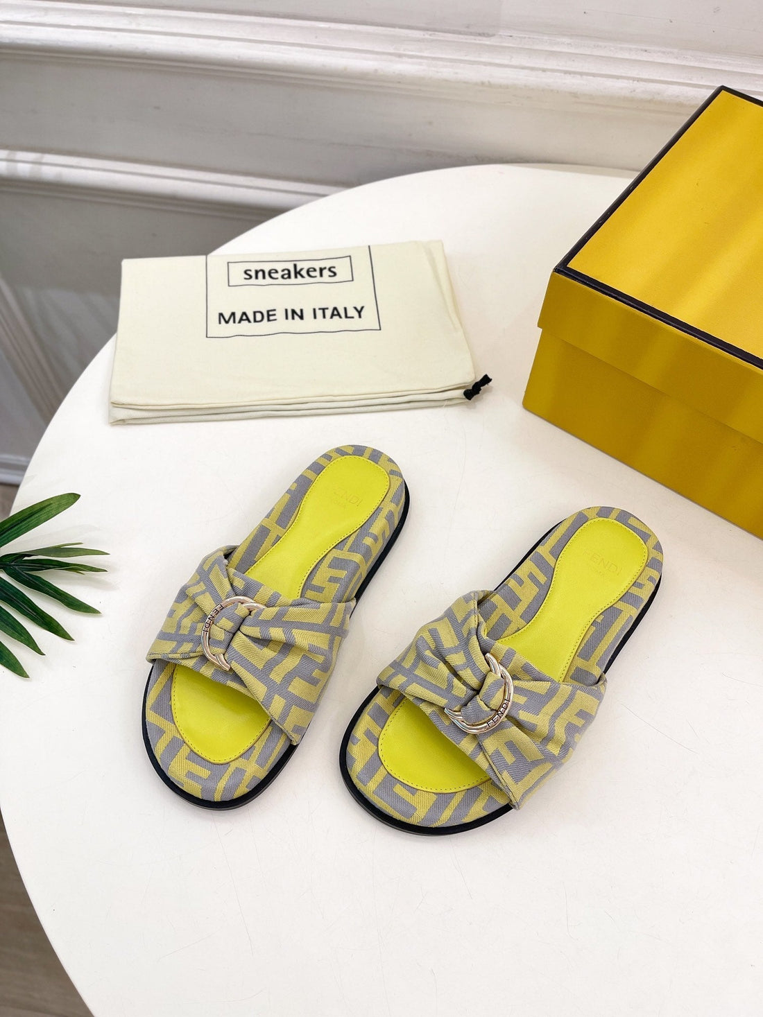 Fendi Flat Slipper In Yellow Mix Grey Monogram Jacquard Fabric With Gold Hardware