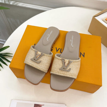 LV Capri Flat Mule Beige Raffia Grey Calfskin