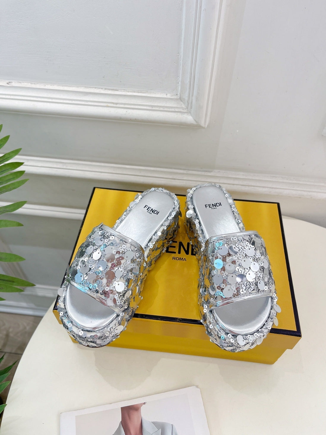 Fendi Thick Sole 6 Cm Sequin Slipper Silver