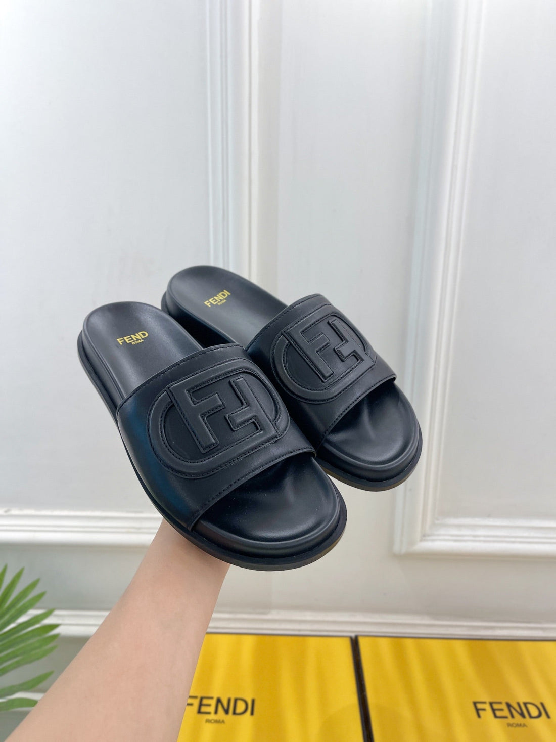 Fendi Logo Slides In Black Calfskin