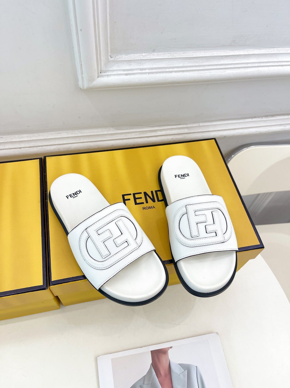 Fendi Logo Slides In White Calfskin