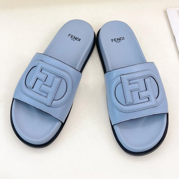 Fendi Logo Slides In Blue Powder Calfskin