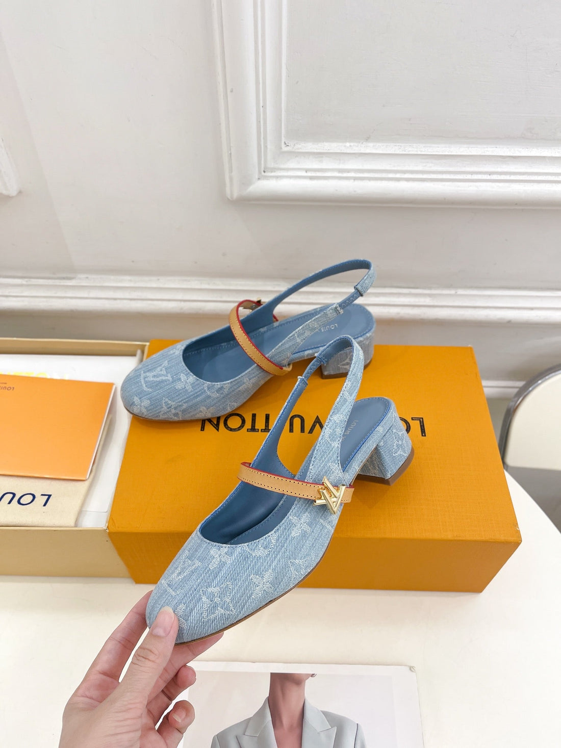LV Romy Slingback Pump 35MM Light Blue Monogram Jacquard Fabric