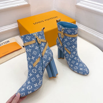 LV Silhouette Ankle Boots 100MM Light Blue Monogram Jacquard Fabric