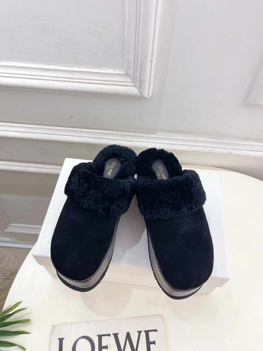 Cl 25S Dana Wedge Mule 80MM Black Suede Calfskin & Shearling