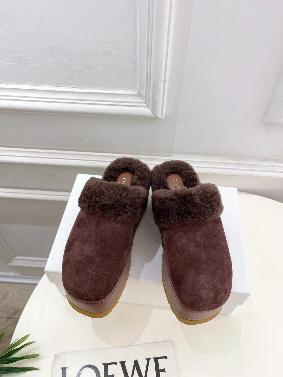 Cl 25S Dana Wedge Mule 80MM Reddish Brown Suede Calfskin & Shearling
