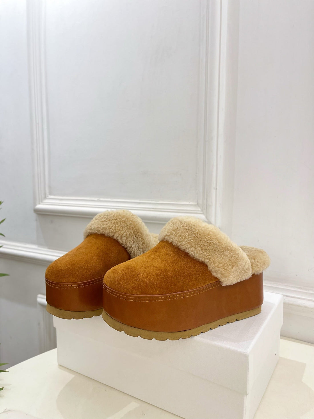 Cl 25S Dana Wedge Mule 80MM Brown Beige Suede Calfskin & Shearling