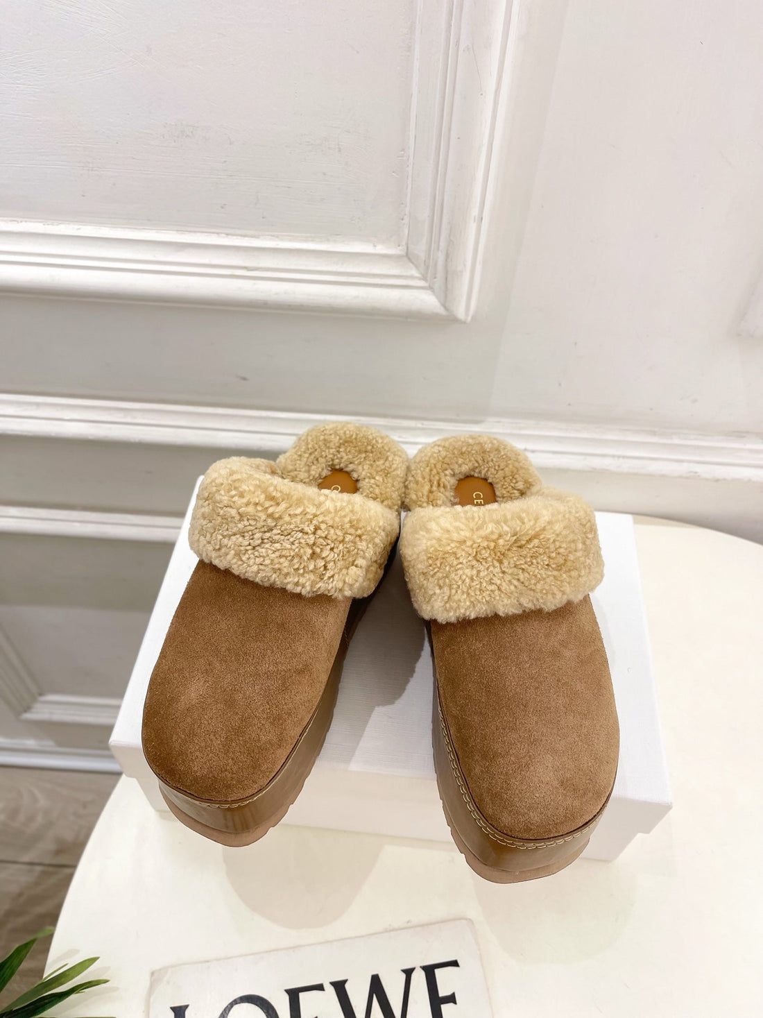 Cl 25S Dana Wedge Mule 80MM Light Brown Beige Suede Calfskin & Shearling