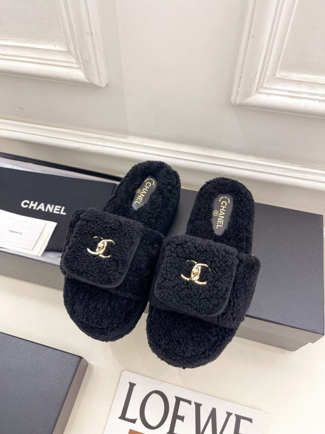CC 25S Logo Slippers 50MM Black Wool Ghw 435261
