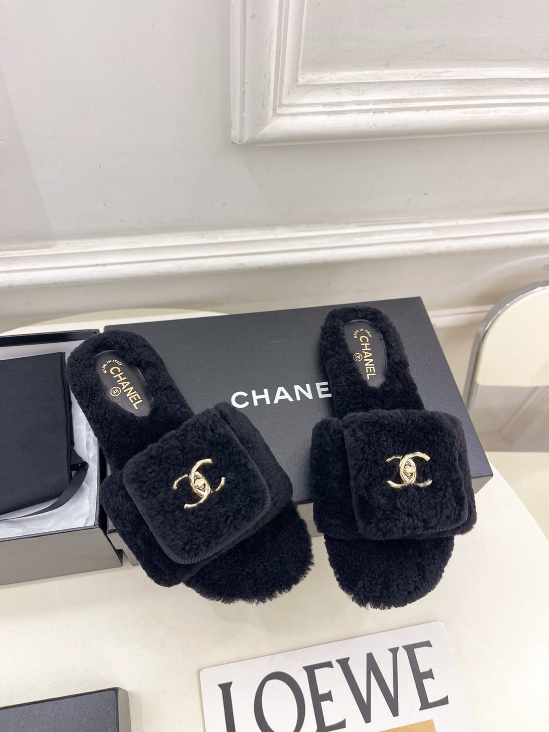 CC 25S Logo Slippers Black Wool Ghw 435265