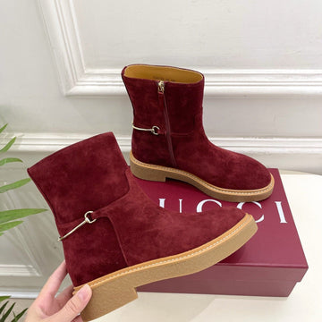 Gucci 25𝐬𝐬 Horsebit Ankle Boots Wine Red Suede 435375