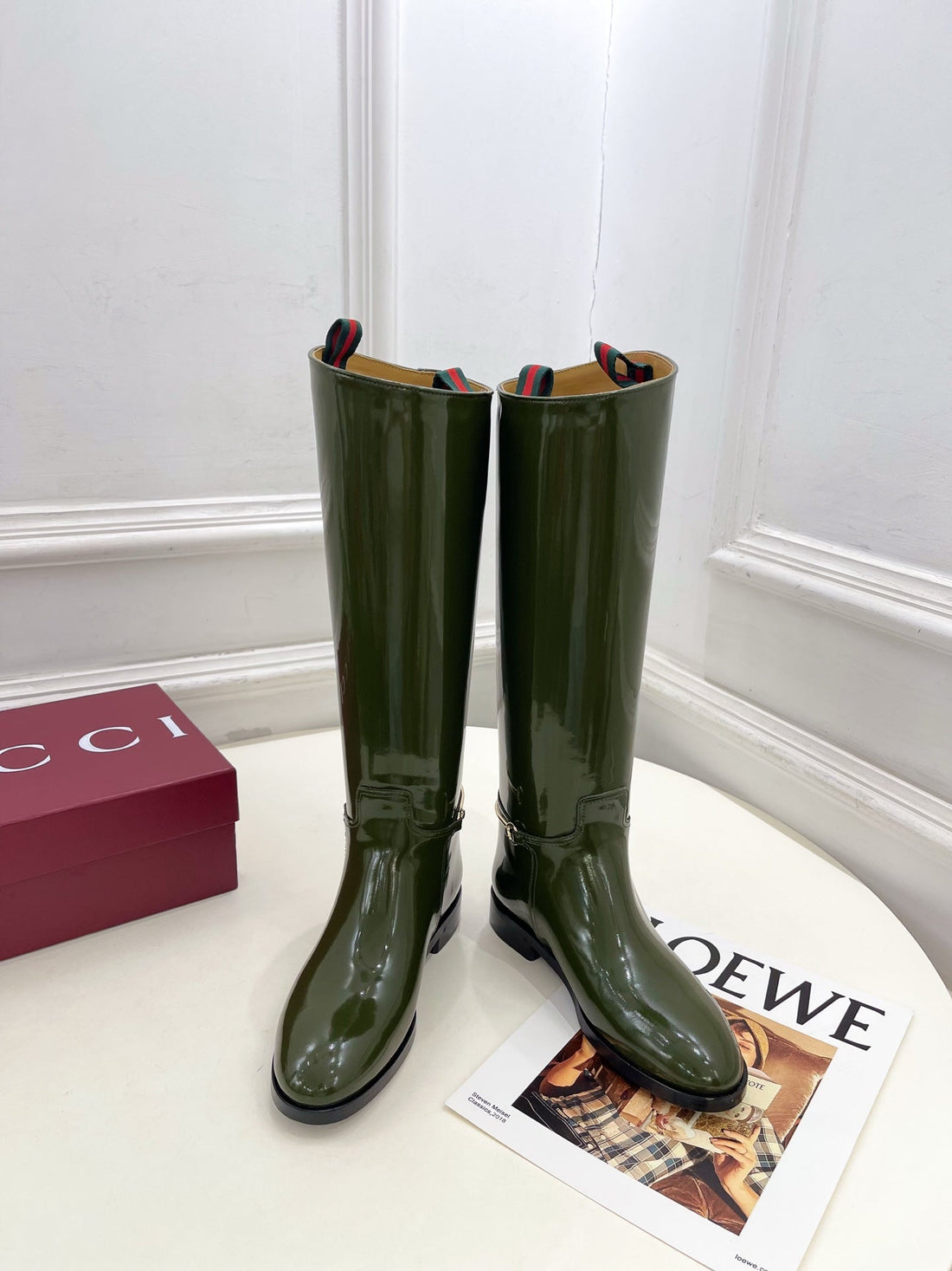 Gucci 25𝐬𝐬 Horsebit Long Boots Dark Olive Green Patent Calfskin 435383